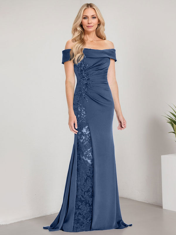 Vestido de sirena con hombros descubiertos, largo hasta el suelo, para madre de la novia, con apliques y cuentas, y abertura alta