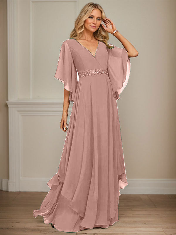 A-Linie V-Ausschnitt Bodenlang Chiffon Kleid für die Brautmutter mit Pailletten Applikationen Spitze Perlen