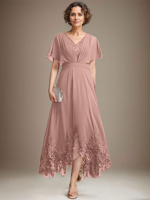 A-Linie V-Ausschnitt Asymmetrisches Spitzen-Chiffon-Kleid für die Brautmutter mit Plissee