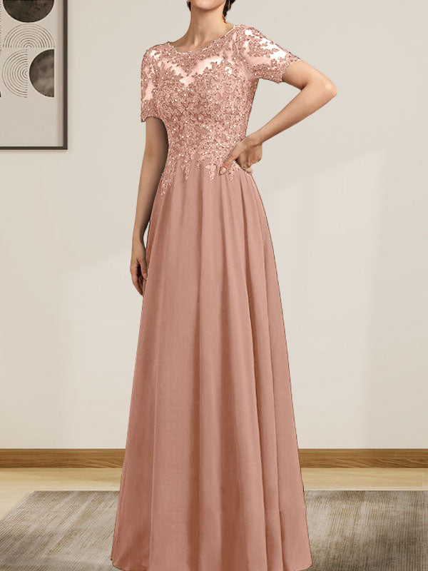 Vestido de gasa con encaje y lentejuelas para madre de la novia, largo hasta el suelo, con escote en A y ilusión