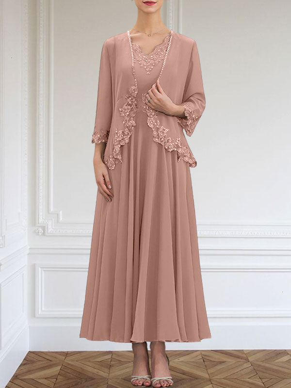A-Linie V-Ausschnitt Knöchellang Chiffon Kleid für die Brautmutter mit Pailletten Applikationen Spitze Perlen