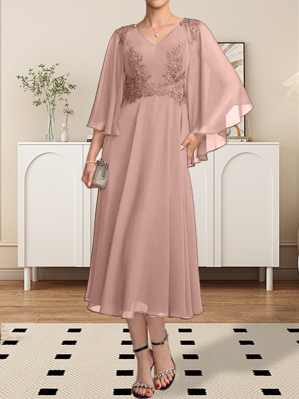 A-Linie, V-Ausschnitt, knielang, Chiffon, Spitze, Kleid für die Brautmutter mit Perlen und Pailletten