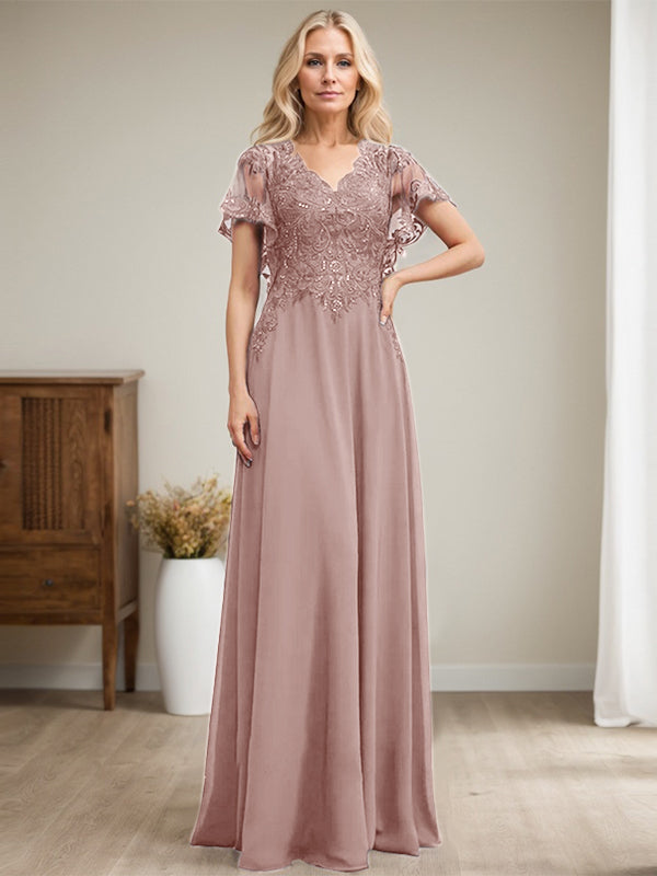 A-Linie V-Ausschnitt Bodenlanges Spitzen-Chiffon-Kleid für die Brautmutter mit Pailletten
