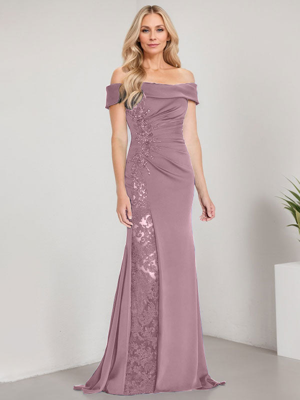 Vestido de sirena con hombros descubiertos, largo hasta el suelo, para madre de la novia, con apliques y cuentas, y abertura alta