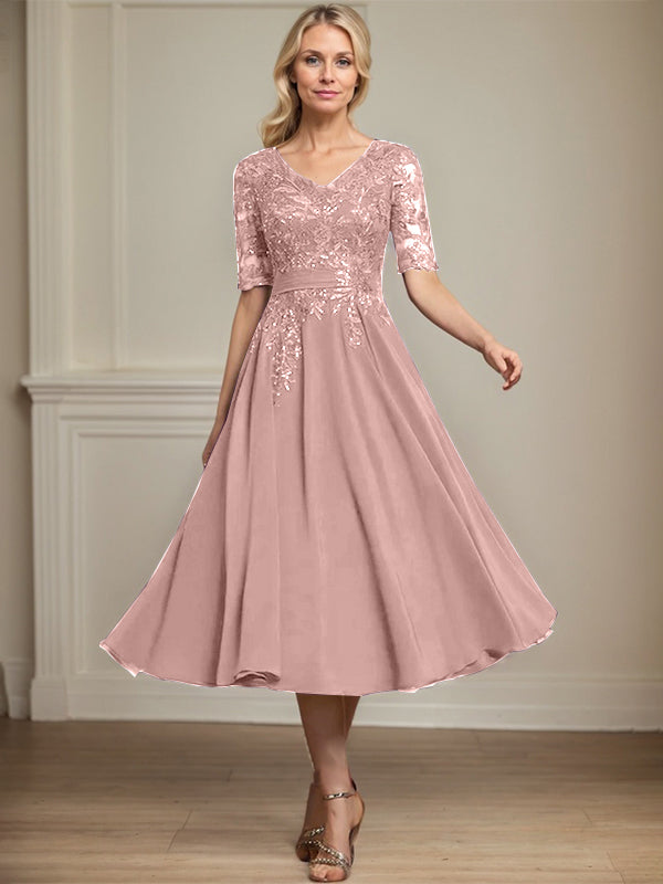 A-Linie V-Ausschnitt Wadenlanges Spitzen-Chiffon-Kleid für die Brautmutter mit Pailletten