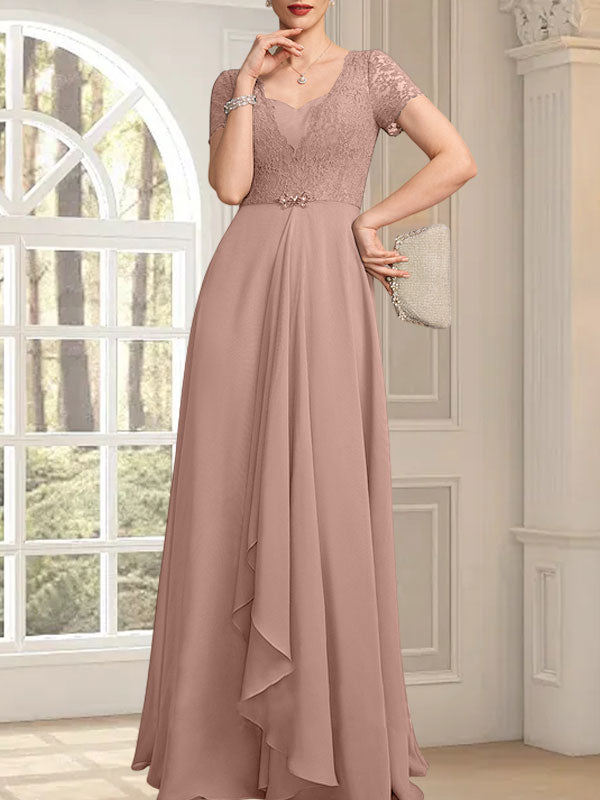 A-Linie, Herzausschnitt, bodenlang, Chiffon, Spitze, Kleid für die Brautmutter mit Perlenbesatz, kaskadierenden Rüschen