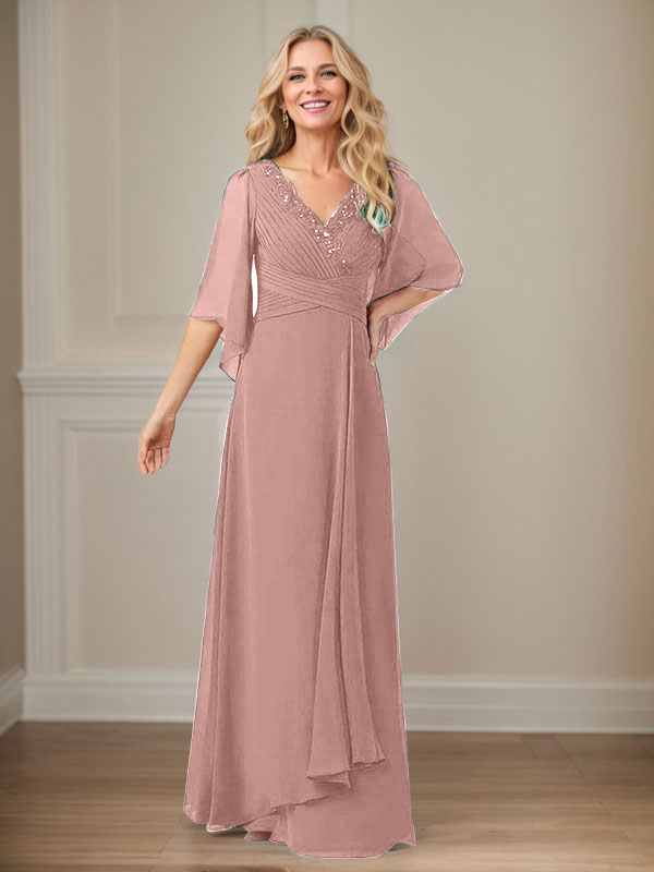 A-Linie V-Ausschnitt Lange Pailletten Chiffon Mutterkleid