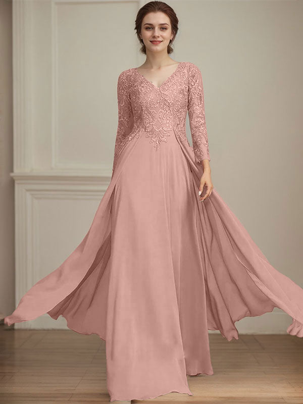 A-Linie V-Ausschnitt Bodenlanges Spitzen-Chiffon-Kleid für die Brautmutter mit Pailletten