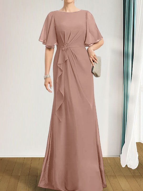 Vestido de gasa para madre de la novia, corte A, escote redondo, largo hasta el suelo, con volantes en cascada, cuentas y lentejuelas