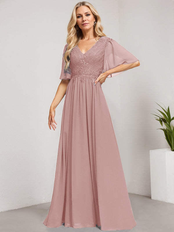 A-Linie V-Ausschnitt Bodenlanges Spitzen-Chiffon-Kleid für die Brautmutter mit Pailletten