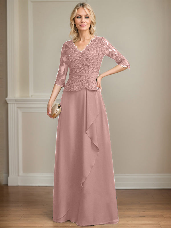 A-Linie, V-Ausschnitt, bodenlanges Chiffon-Kleid für die Brautmutter mit kaskadierenden Rüschen und Pailletten