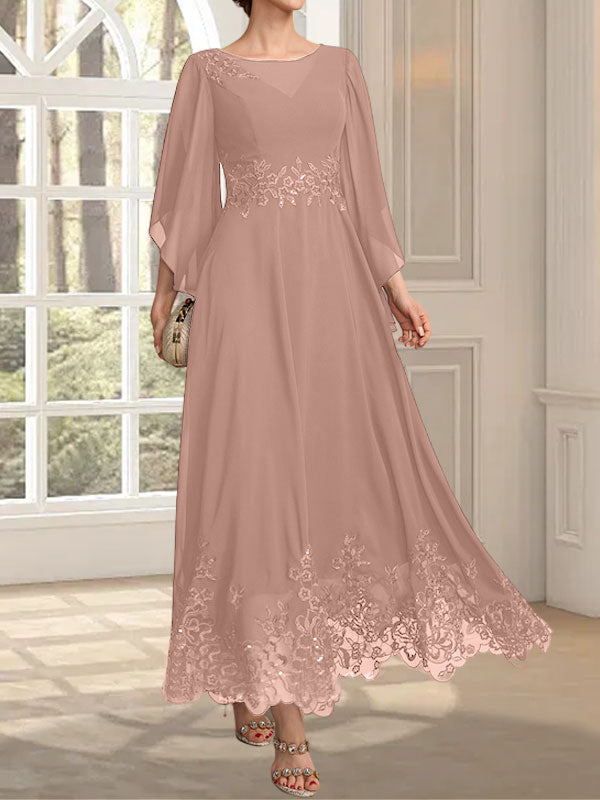 Vestido de gasa con encaje y lentejuelas para madre de la novia, corte A, escote ilusión, largo hasta los tobillos