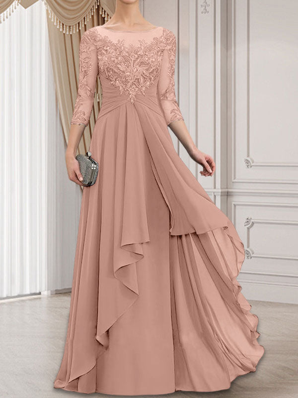 Vestido de gasa con encaje, corte A, escote ilusión, largo hasta el suelo, para madre de la novia con volantes en cascada