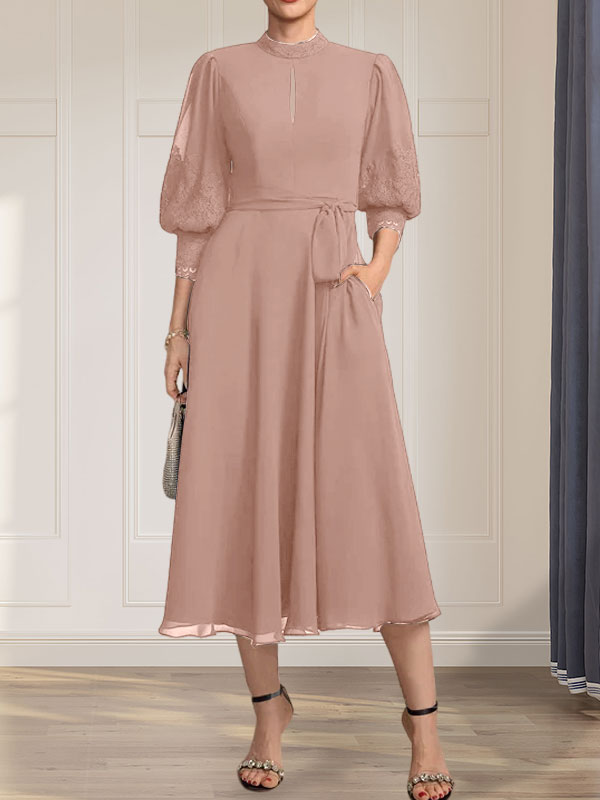 Vestido de gasa con encaje, cuello alto, largo hasta la rodilla, para madre de la novia con lazo