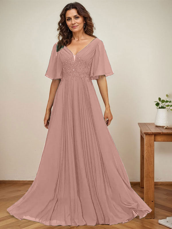 A-Linie V-Ausschnitt Bodenlang Chiffon Mutter der Braut Kleid Mit Pailletten Applikationen Spitze Plissee