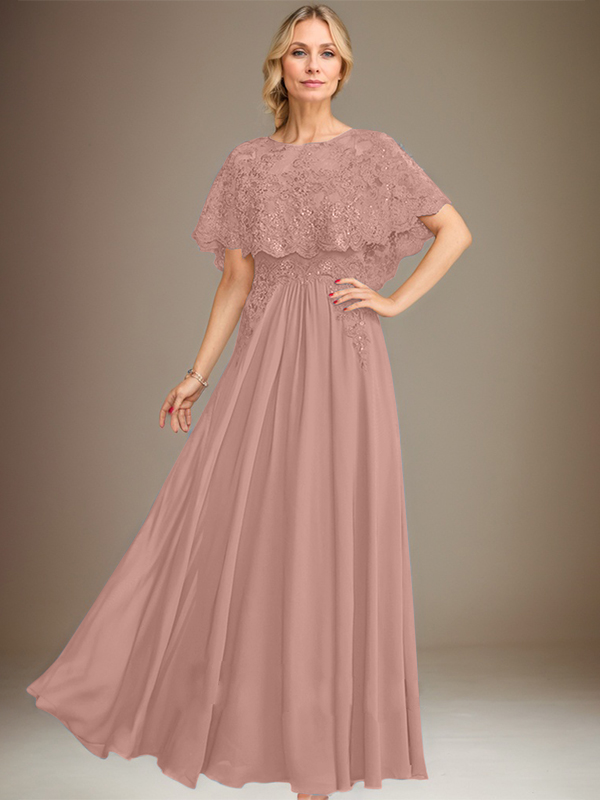 Vestido de madre de la novia de gasa con encaje, escote barco, largo hasta el suelo, con apliques de lentejuelas