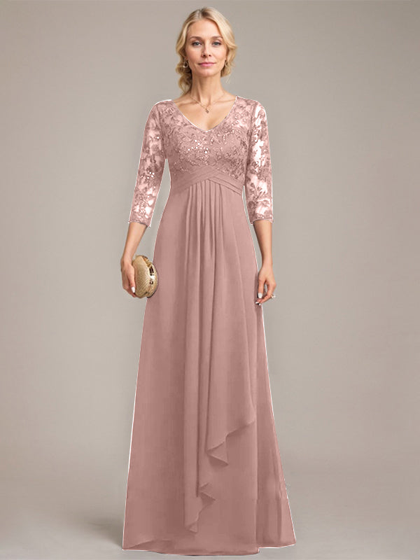 A-Linie, V-Ausschnitt, bodenlanges Chiffon-Kleid für die Brautmutter mit kaskadierenden Rüschen und Pailletten