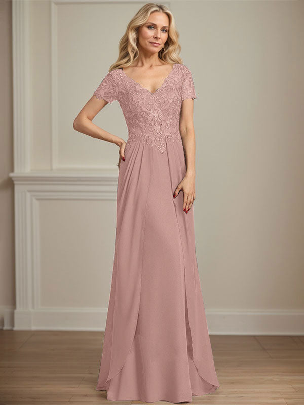 A-Linie V-Ausschnitt Bodenlanges Chiffon-Spitzenkleid für die Brautmutter
