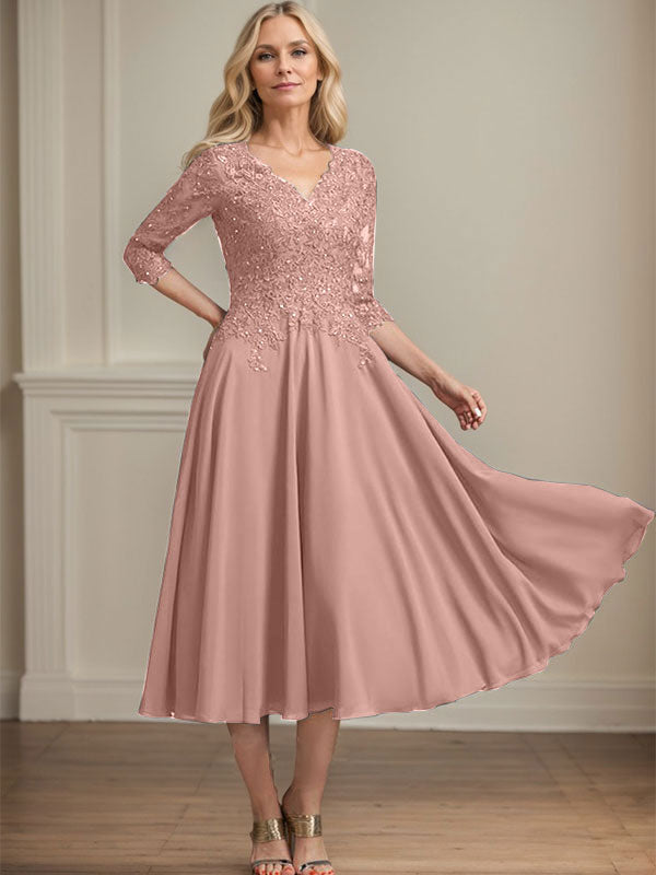 A-Linie, V-Ausschnitt, knielang, Chiffon, Spitze, Kleid für die Brautmutter mit Perlen und Pailletten