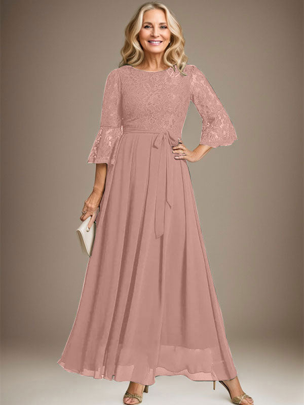 Vestido de gasa con encaje y lazo para madre de la novia, corte A, escote redondo hasta los tobillos
