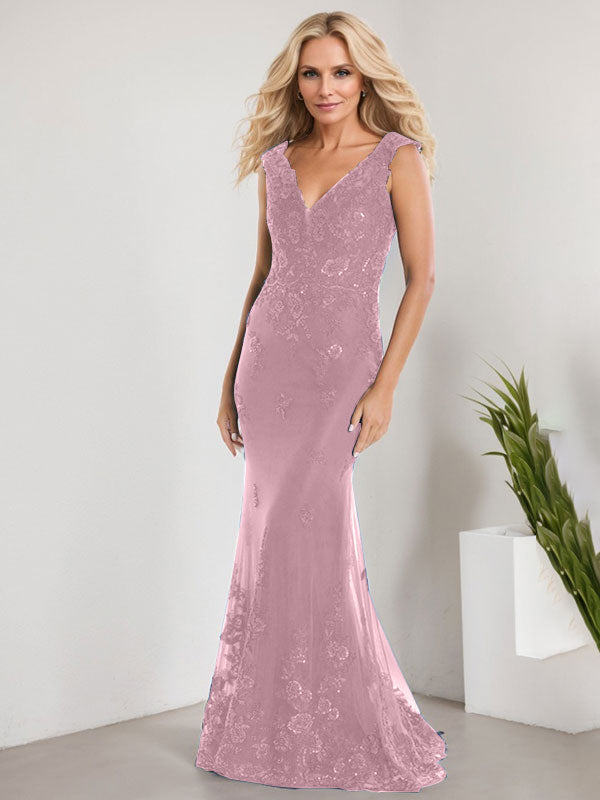 A-Linie V-Ausschnitt Bodenlang Spitze Chiffon Mutter der Braut Kleid Mit Applikation Pailletten Meerjungfrau Kleider