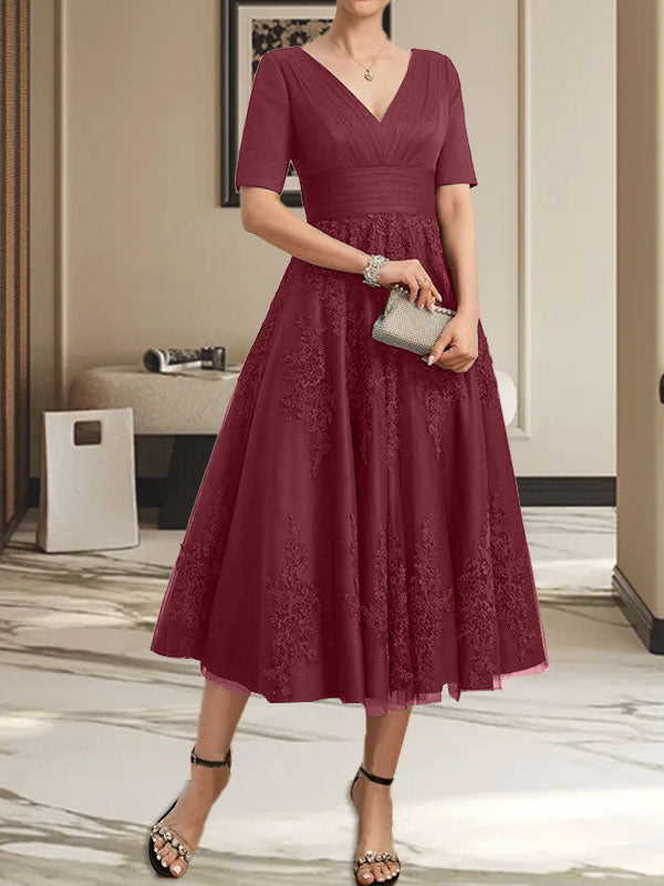 A-line V-Neck Tea-Length Tulle Lace Mother of the Bride Dress With Pleated
