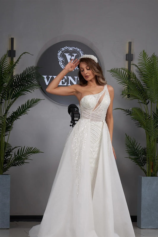 Elegantes A-Linie One-Shoulder Ärmelloses Tüll-Brautkleid mit Applikationen