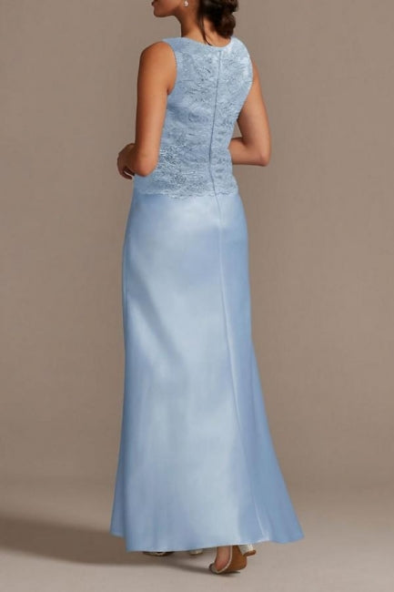 Elegante vestido largo de satén con encaje azul para madre de la novia con chaqueta