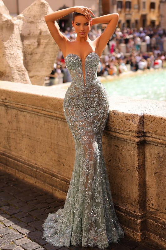 Elegant Long Mermaid Sweetheart Tulle Lace Evening Dresses