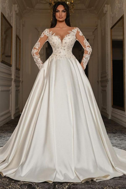 Elegante vestido de novia de satén con encaje, escote en forma de A, mangas largas y bolsillos