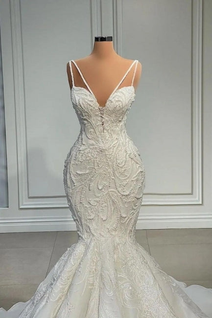 Elegante trägerlose ärmellose Meerjungfrau Satin bodenlange Brautkleider mit Spitze