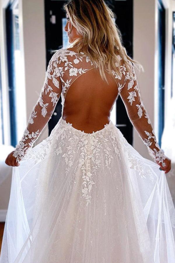 Elegante A-Linie V-Ausschnitt Spitze Lange Ärmel Brautkleider