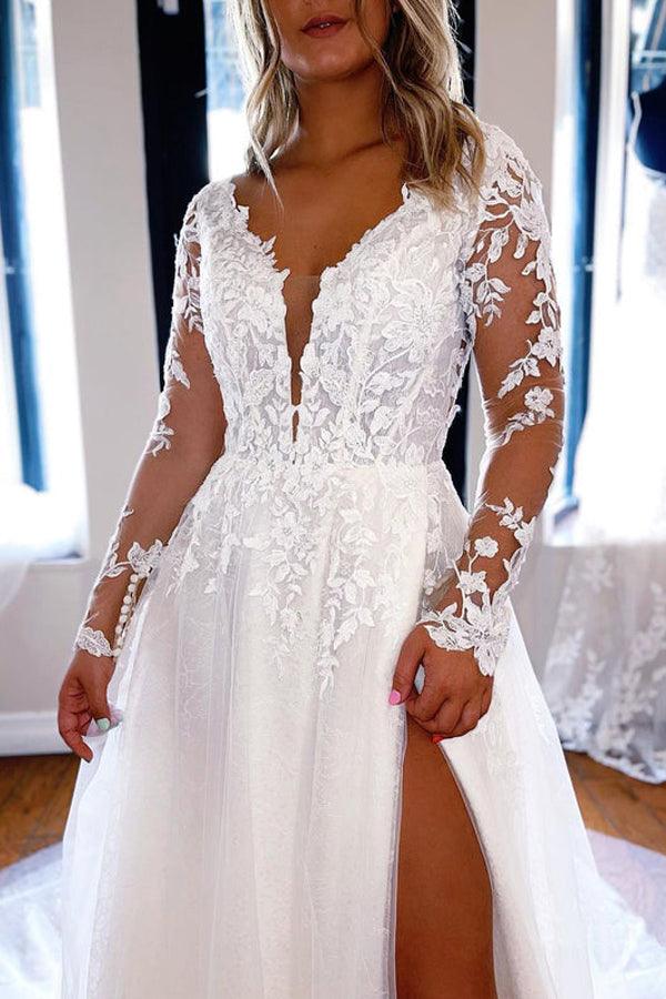 Elegante A-Linie V-Ausschnitt Spitze Lange Ärmel Brautkleider