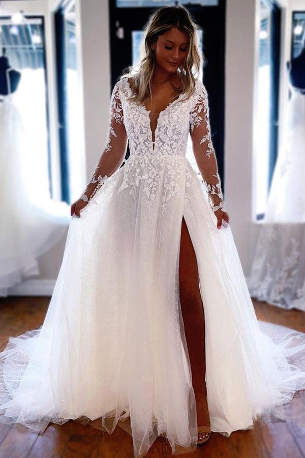 Elegante A-Linie V-Ausschnitt Spitze Lange Ärmel Brautkleider