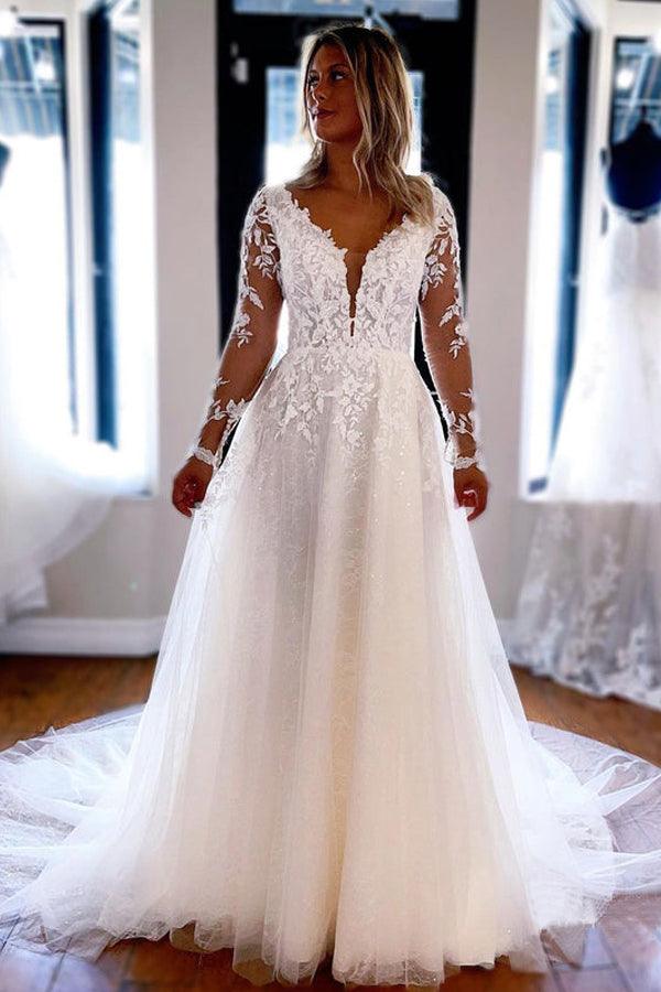 Elegante A-Linie V-Ausschnitt Spitze Lange Ärmel Brautkleider