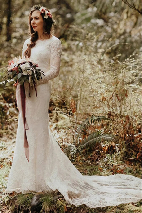 Elegante Spitze Meerjungfrau Rundhals Langarm Brautkleider