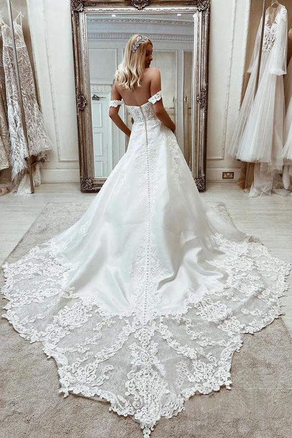 Elegante schulterfreie A-Linien-Brautkleider aus Satin mit Applikationen
