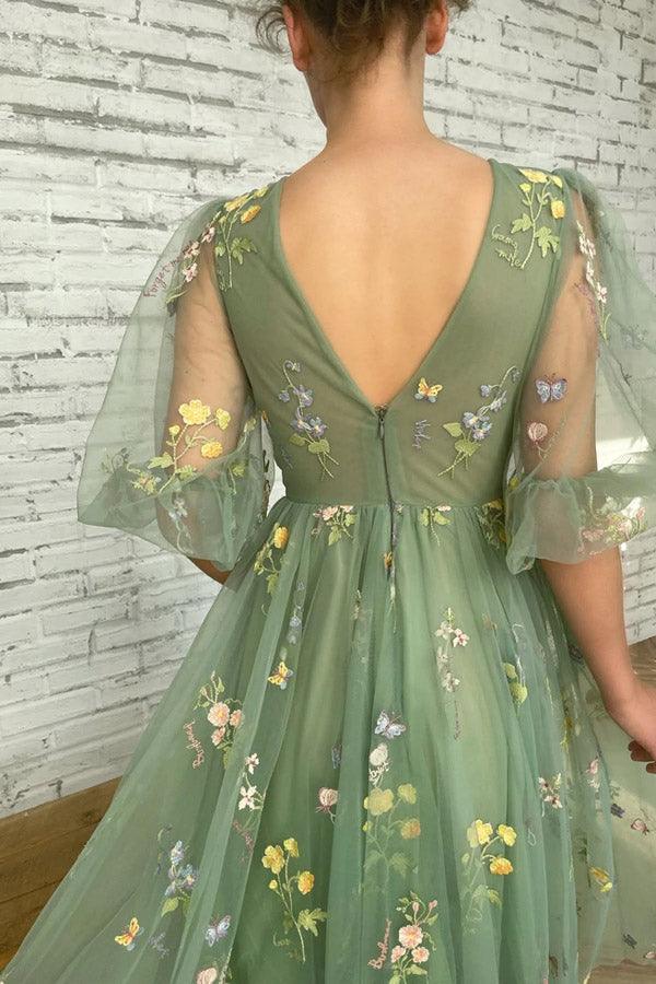 Elegant Green Tea Length Half Sleeves Prom Dresses Short Homecoming Dresses
