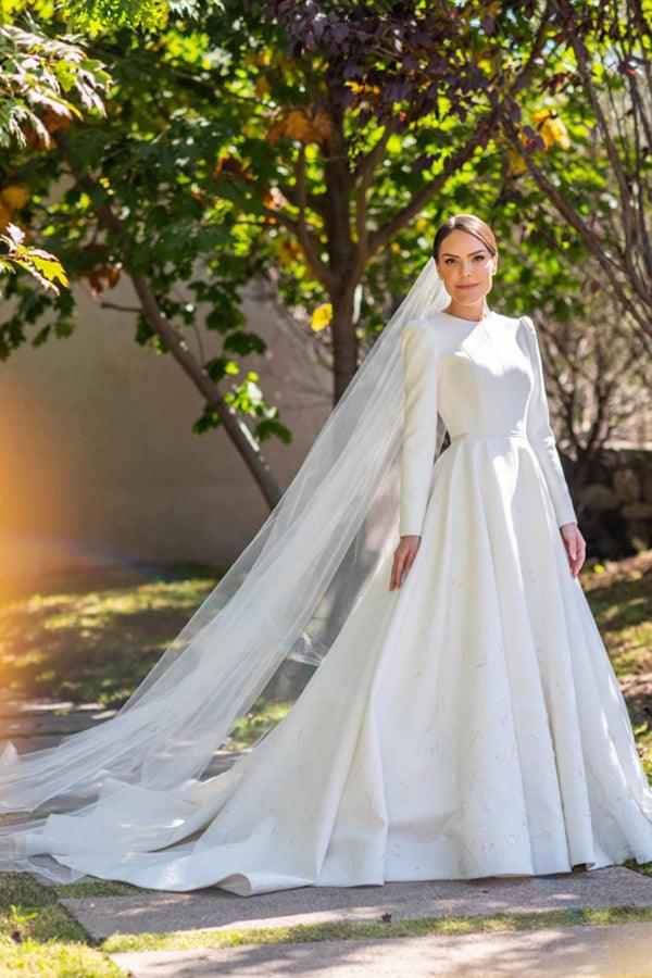 Embroidery A Line Ivory Satin Modest Long Sleeves Wedding Dresses
