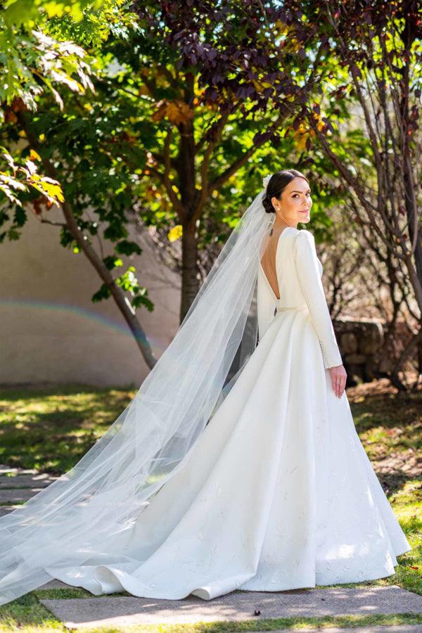 Embroidery A Line Ivory Satin Modest Long Sleeves Wedding Dresses