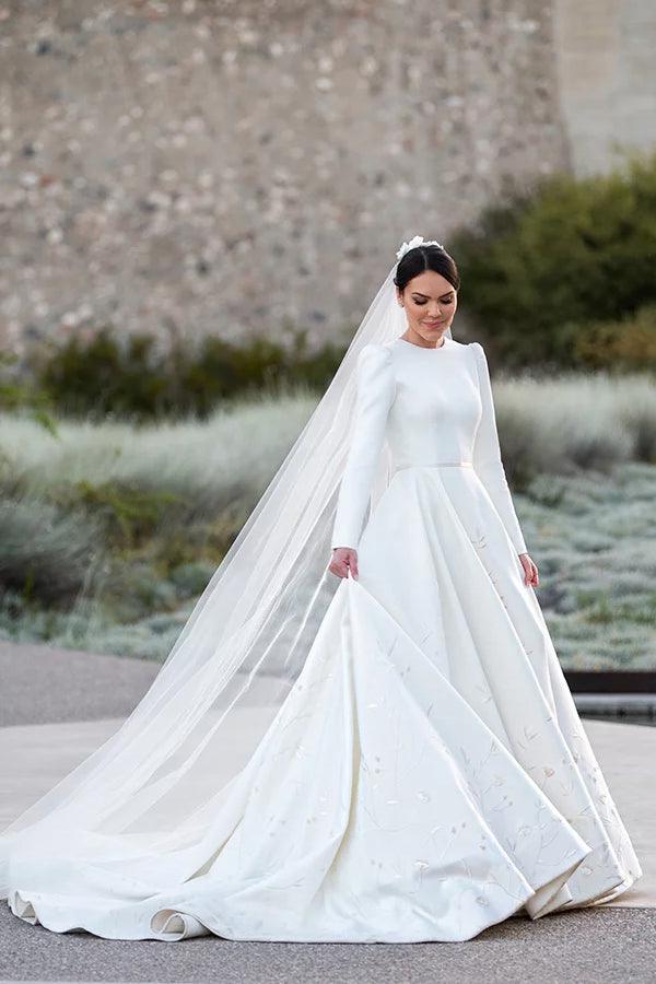 Embroidery A Line Ivory Satin Modest Long Sleeves Wedding Dresses