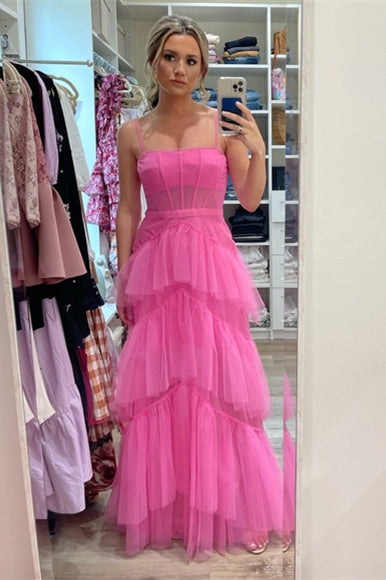 Vestido de fiesta de tul escalonado rosa intenso de princesa Roycebridal