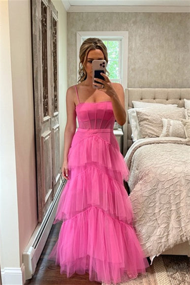 Vestido de fiesta de tul escalonado rosa intenso de princesa Roycebridal