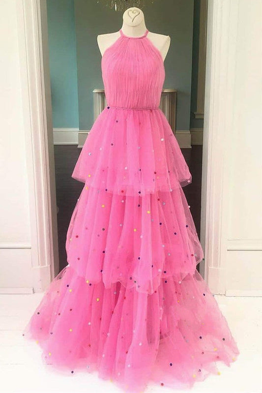 Roycebridal Tessa | Vestido de fiesta rosa intenso de tul con corte en A y lunares de colores