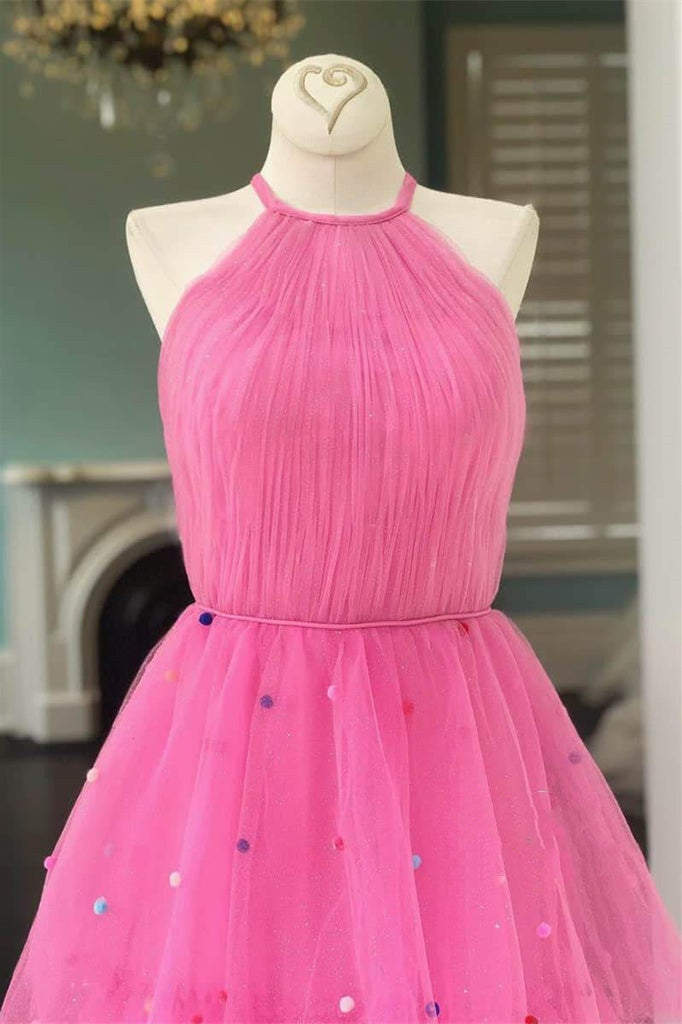 Roycebridal Tessa | Vestido de fiesta rosa intenso de tul con corte en A y lunares de colores