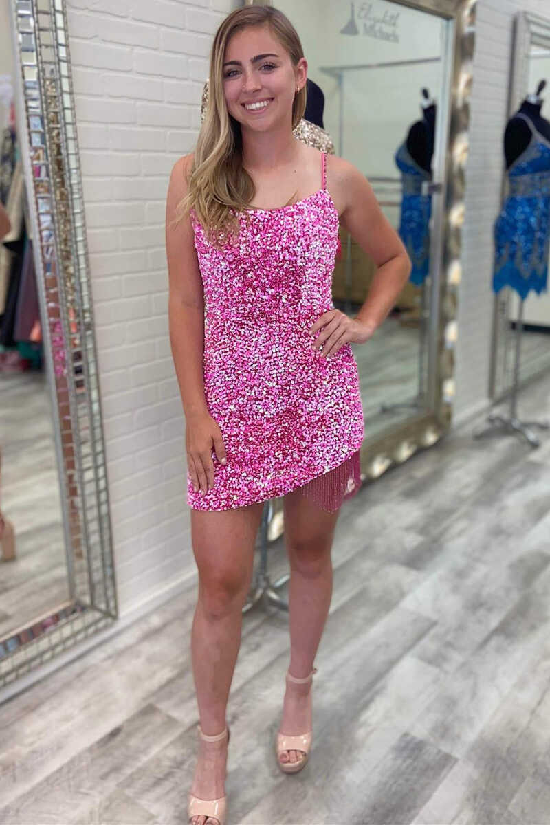 Figurbetontes Homecoming-Kleid mit Spaghettiträgern und Pailletten und Quaste