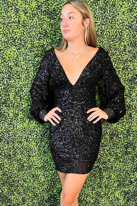 Vestido de fiesta con escote en V, mangas largas y lentejuelas