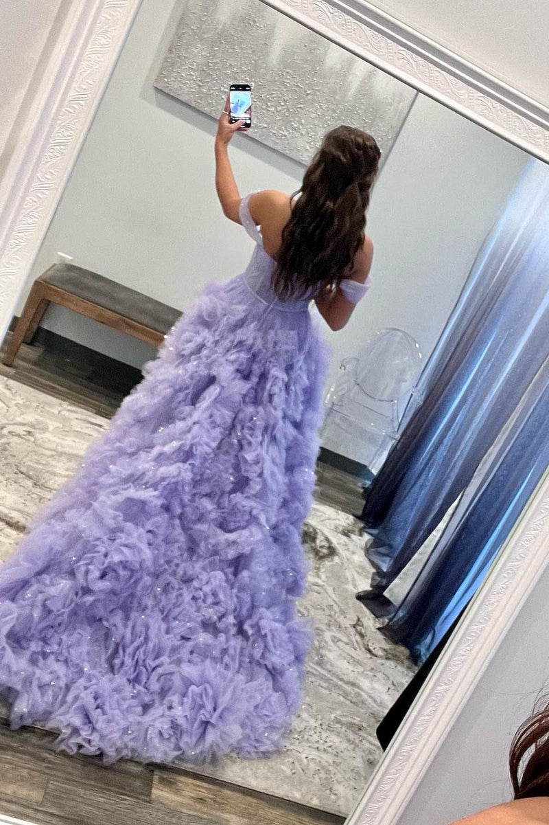 Roycebridal Kenia | Vestido de fiesta de tul con volantes, hombros descubiertos y abertura