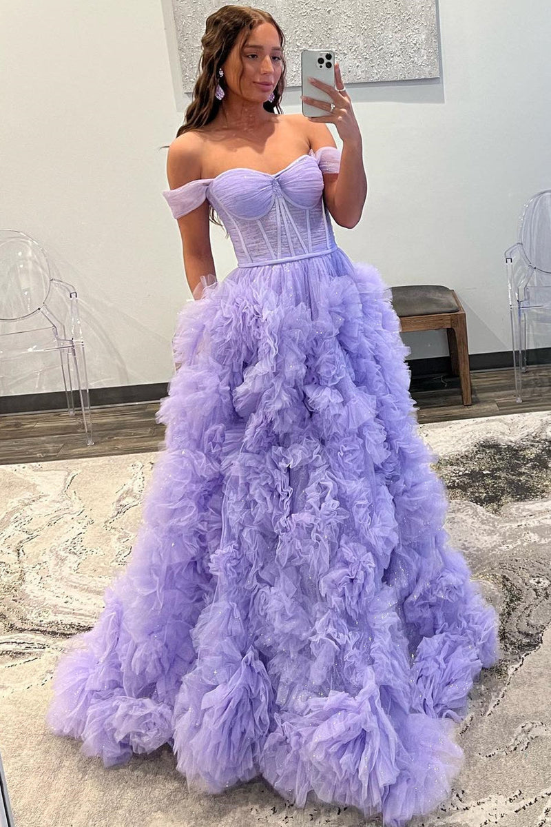 Roycebridal Kenia | Vestido de fiesta de tul con volantes, hombros descubiertos y abertura