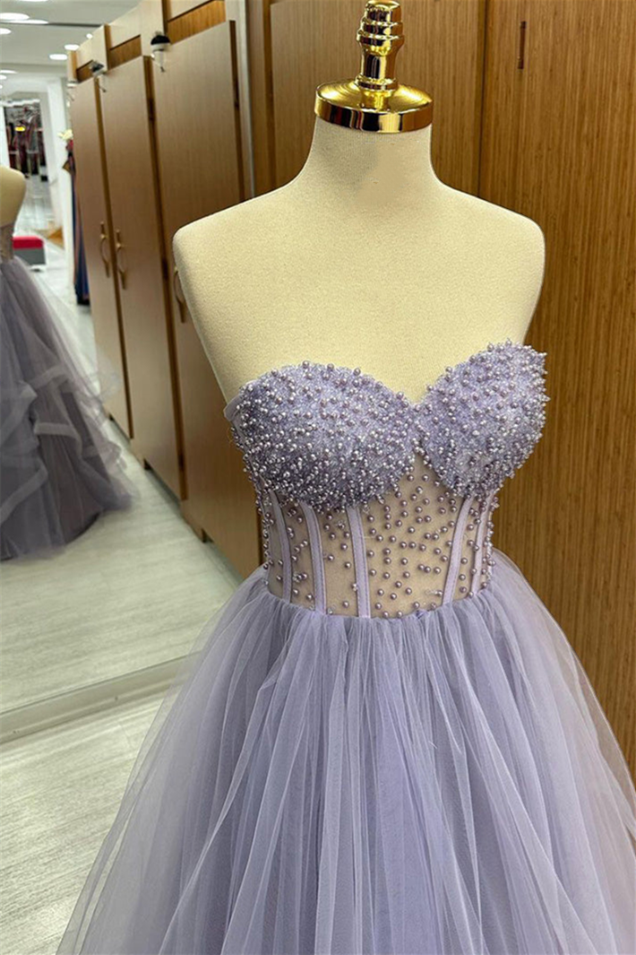 Roycebridal Brandy | Vestido de fiesta largo de tul lila sin tirantes, con volantes y cuentas